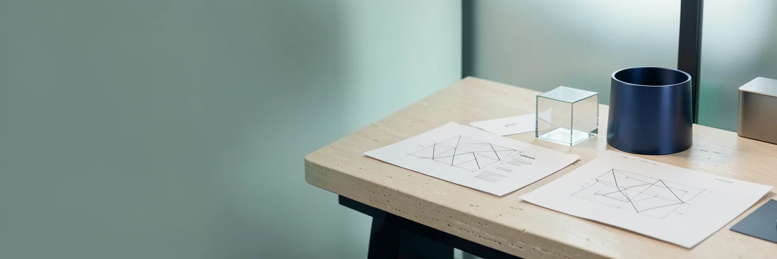 Illustrative studio arrangement of modular tools, glass and documentation on a stone work surface