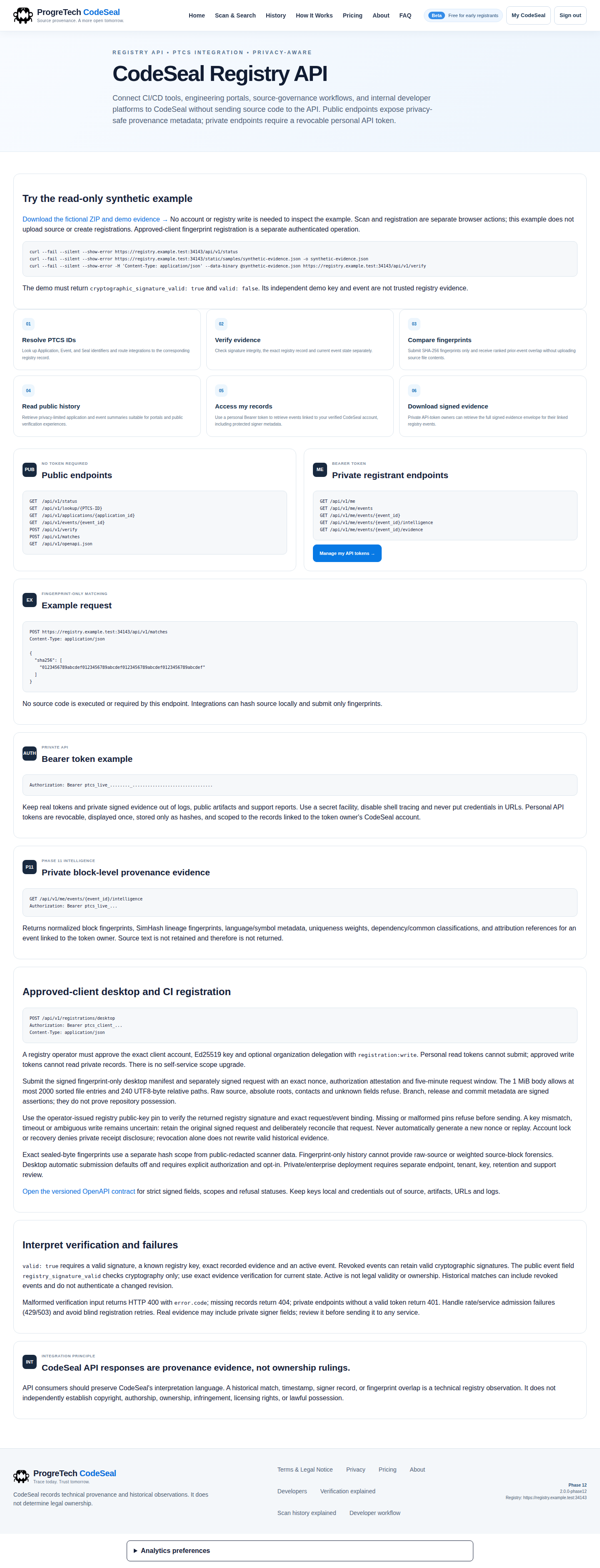 Preserved registry API documentation and synthetic examples