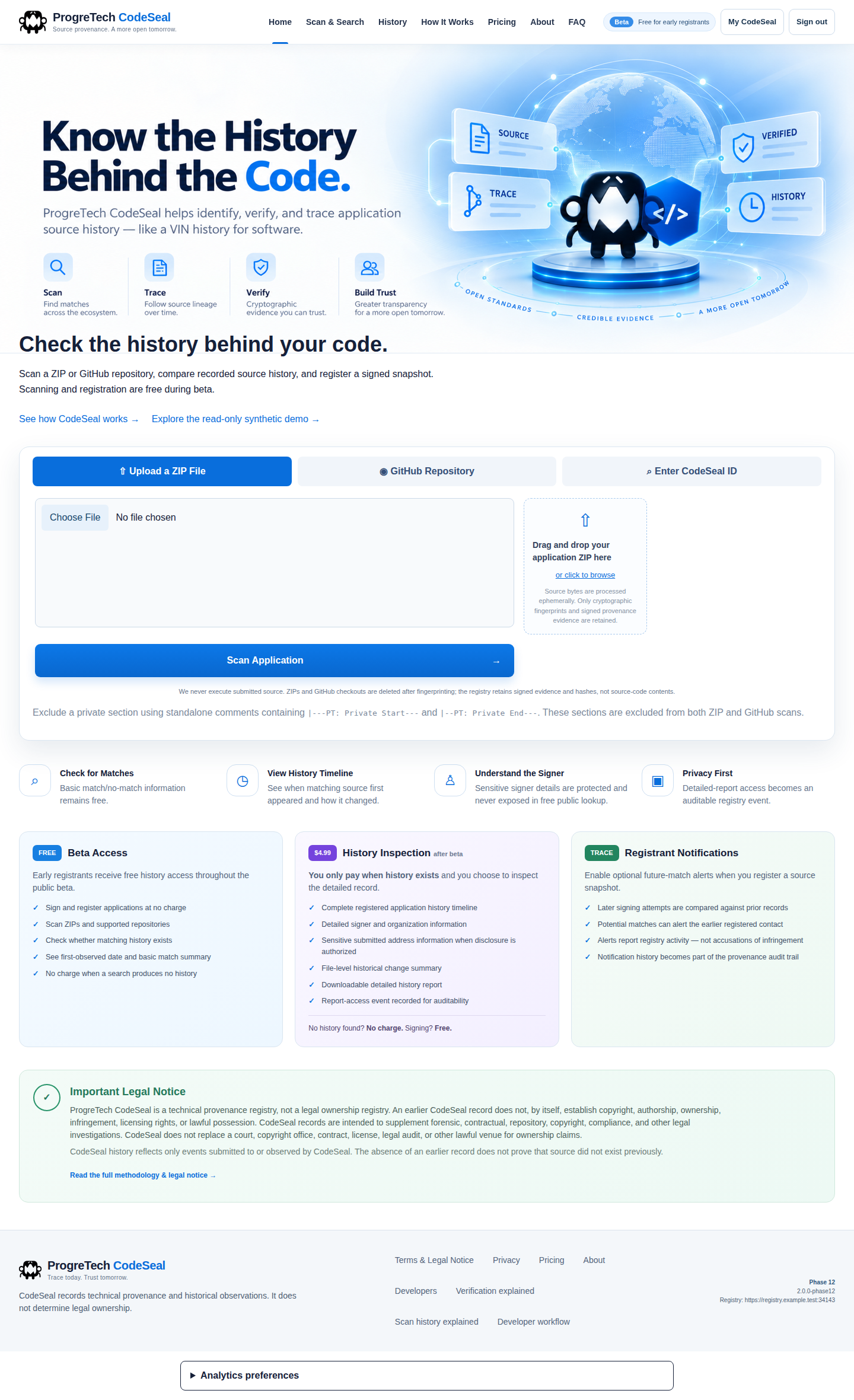 Original CodeSeal Web home with source upload and history controls