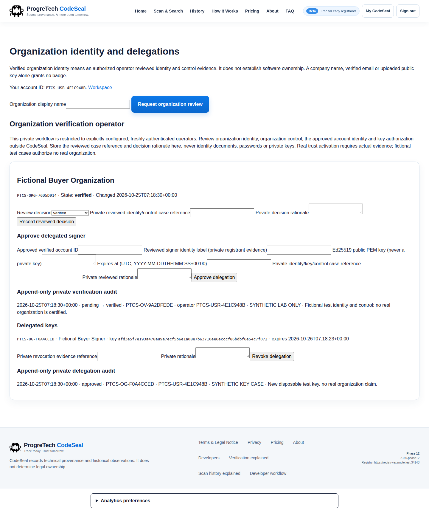 Explicit organization review and delegated signer controls