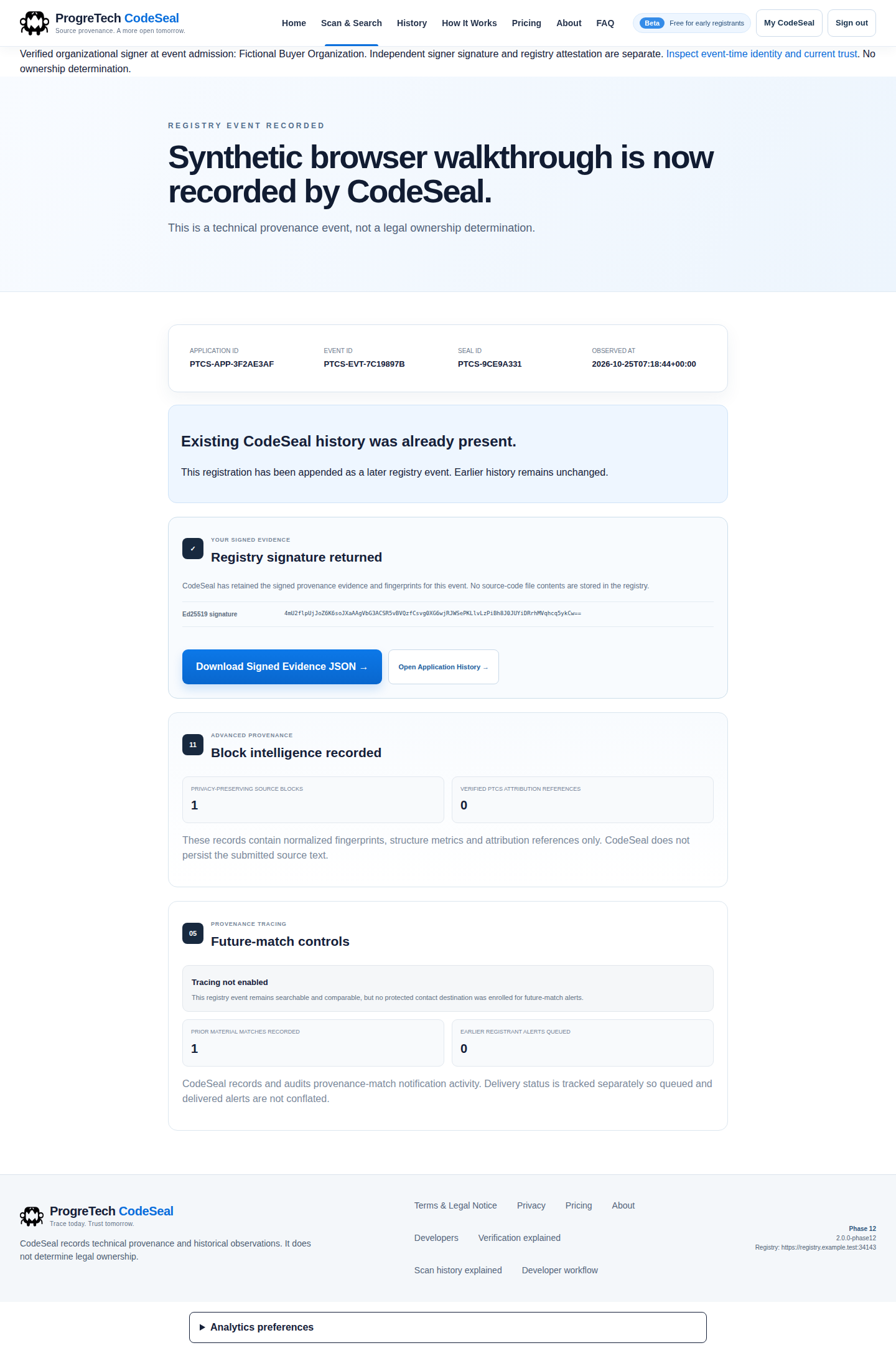 Completed signed registration of a fictional source snapshot