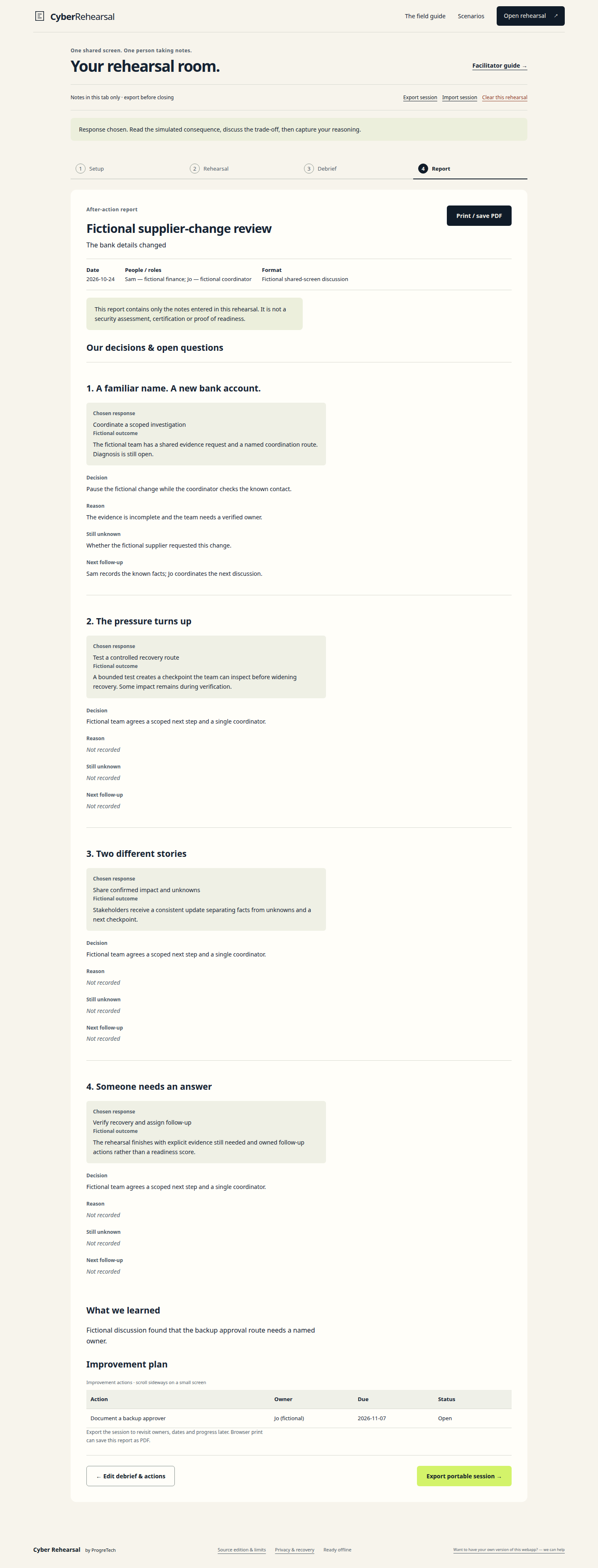 4. Review the actual notes and action owners. Missing answers stay visibly unrecorded.