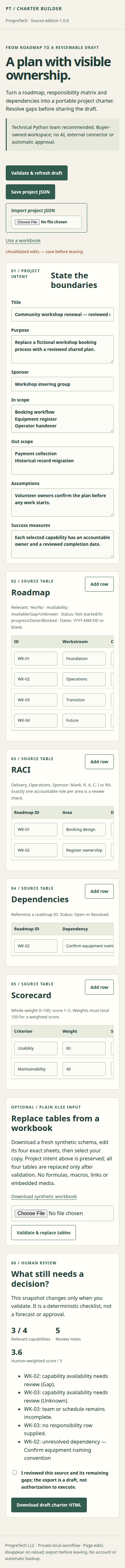 Actual 390 px Charter Builder workbench with independently scrollable source tables