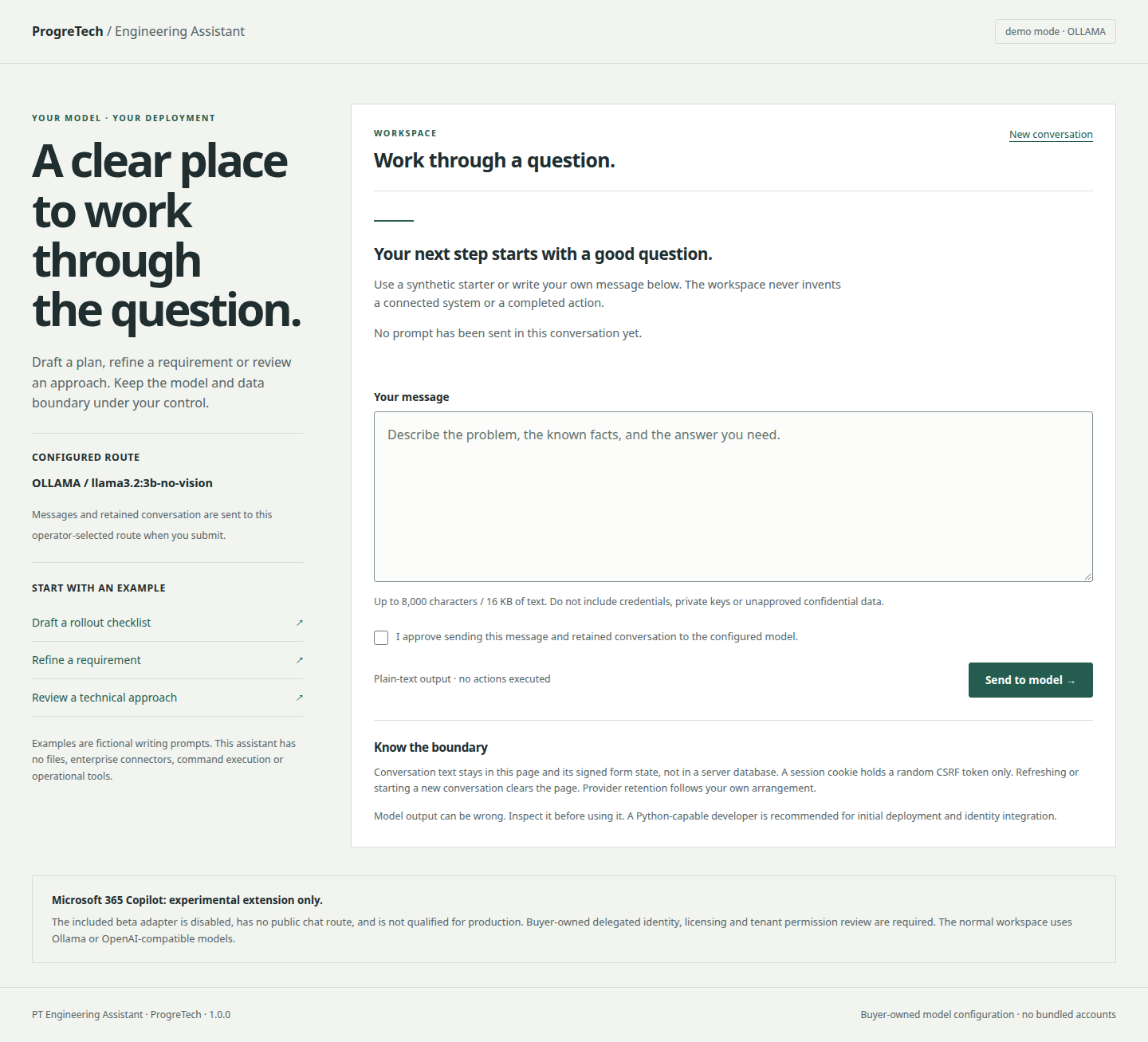 Actual Engineering Assistant workspace with an operator-configured local Ollama model