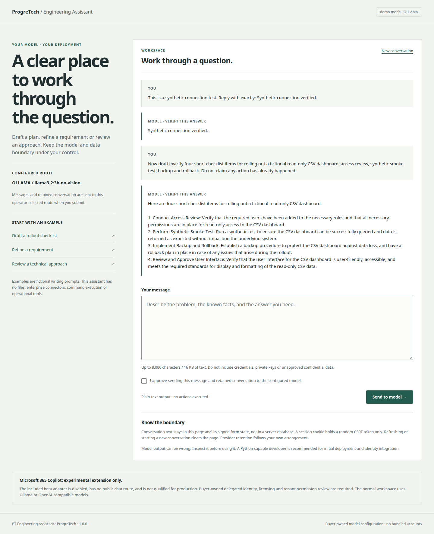 Actual local model connection reply followed by a fictional rollout-checklist draft