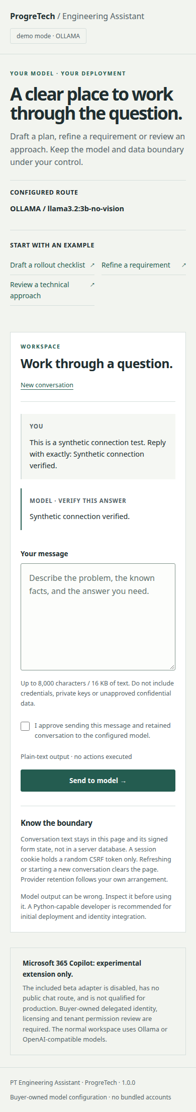Actual Engineering Assistant connection reply in a 390 pixel mobile viewport